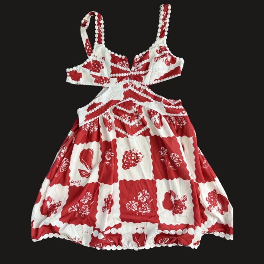 Red White Fruit Floral Print Cutout Waist Bubble Hem Sundress No Size
